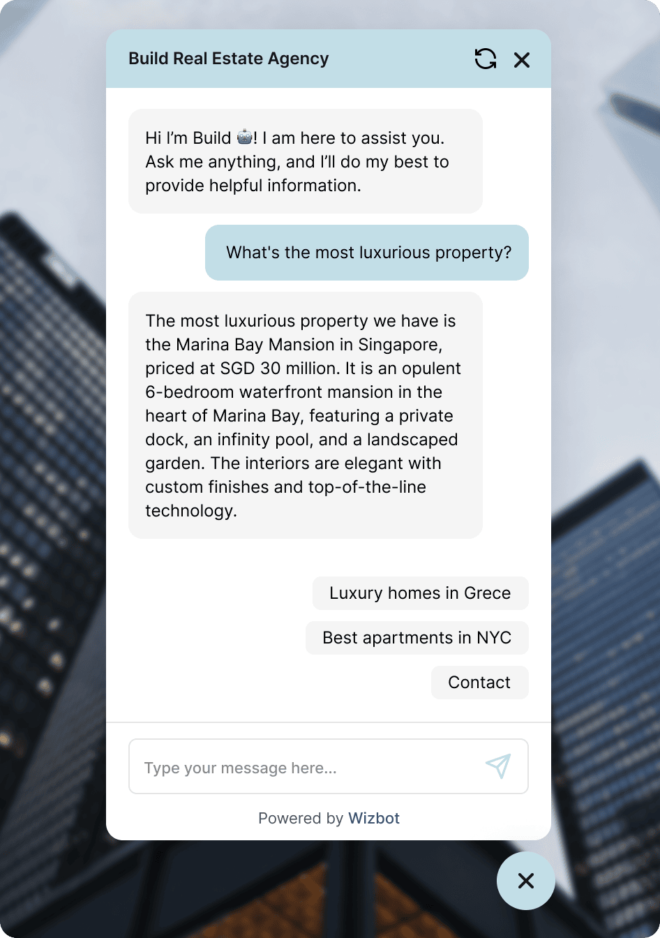 Mockup of a custom live ChatGPT chatbot widget for real estate. Elevate your property listings and engage potential clients 24/7.