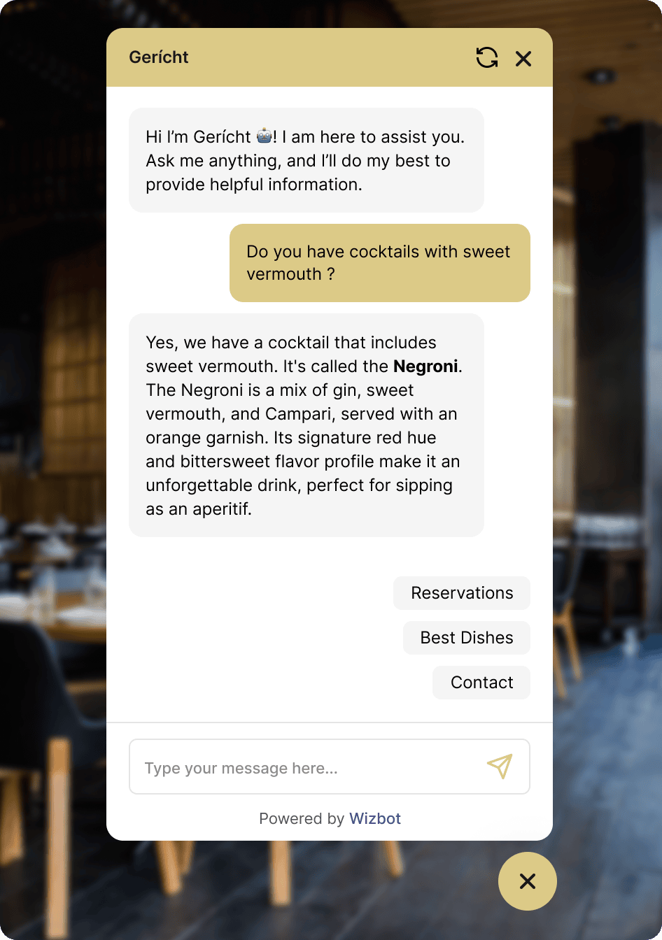 Mockup of a custom restaurant live ChatGPT chatbot widget. Elevate your property listings and engage potential clients 24/7.