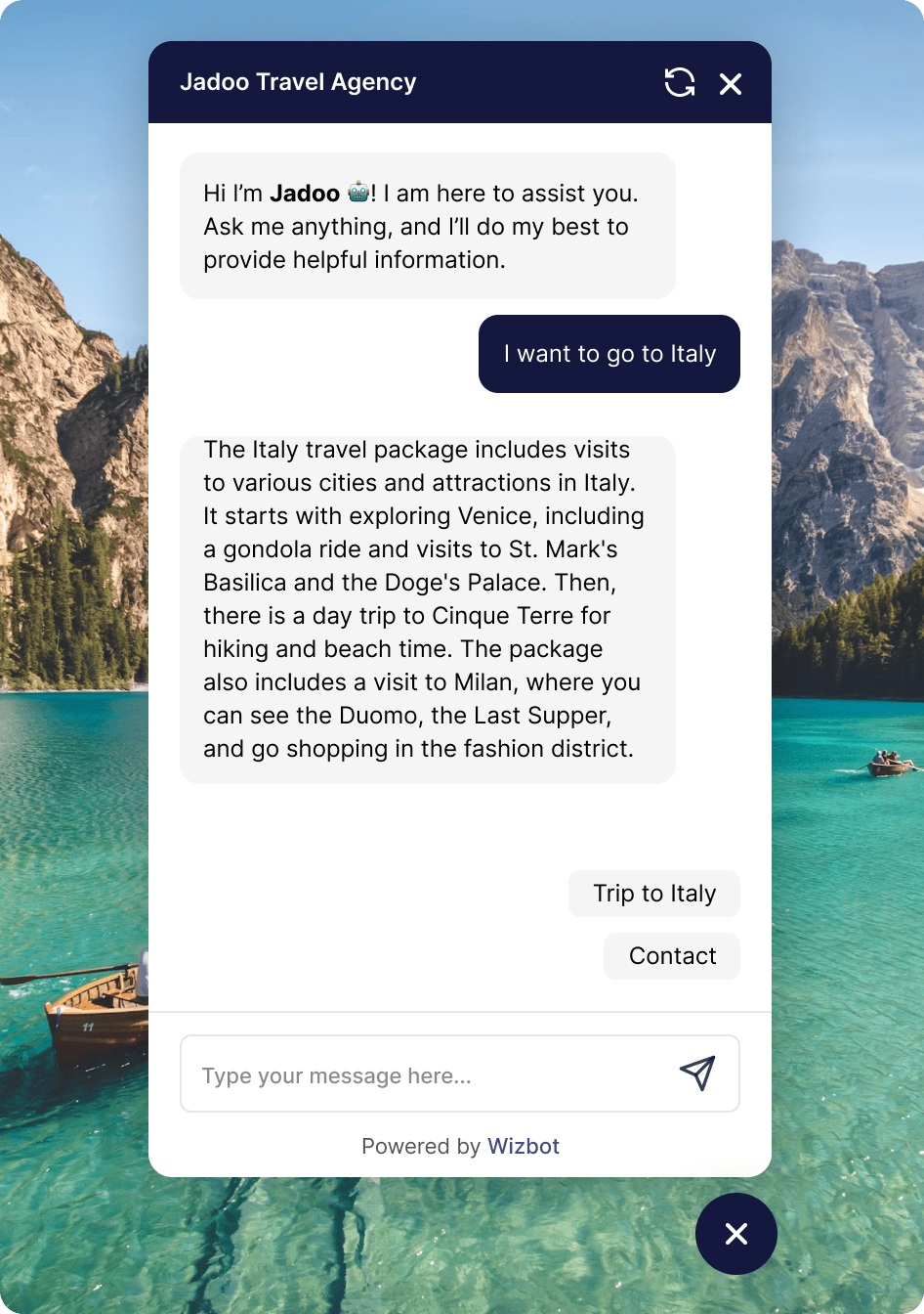 Mockup of a custom travel agency live ChatGPT chatbot widget. Elevate your travel planning and engage potential clients 24/7.