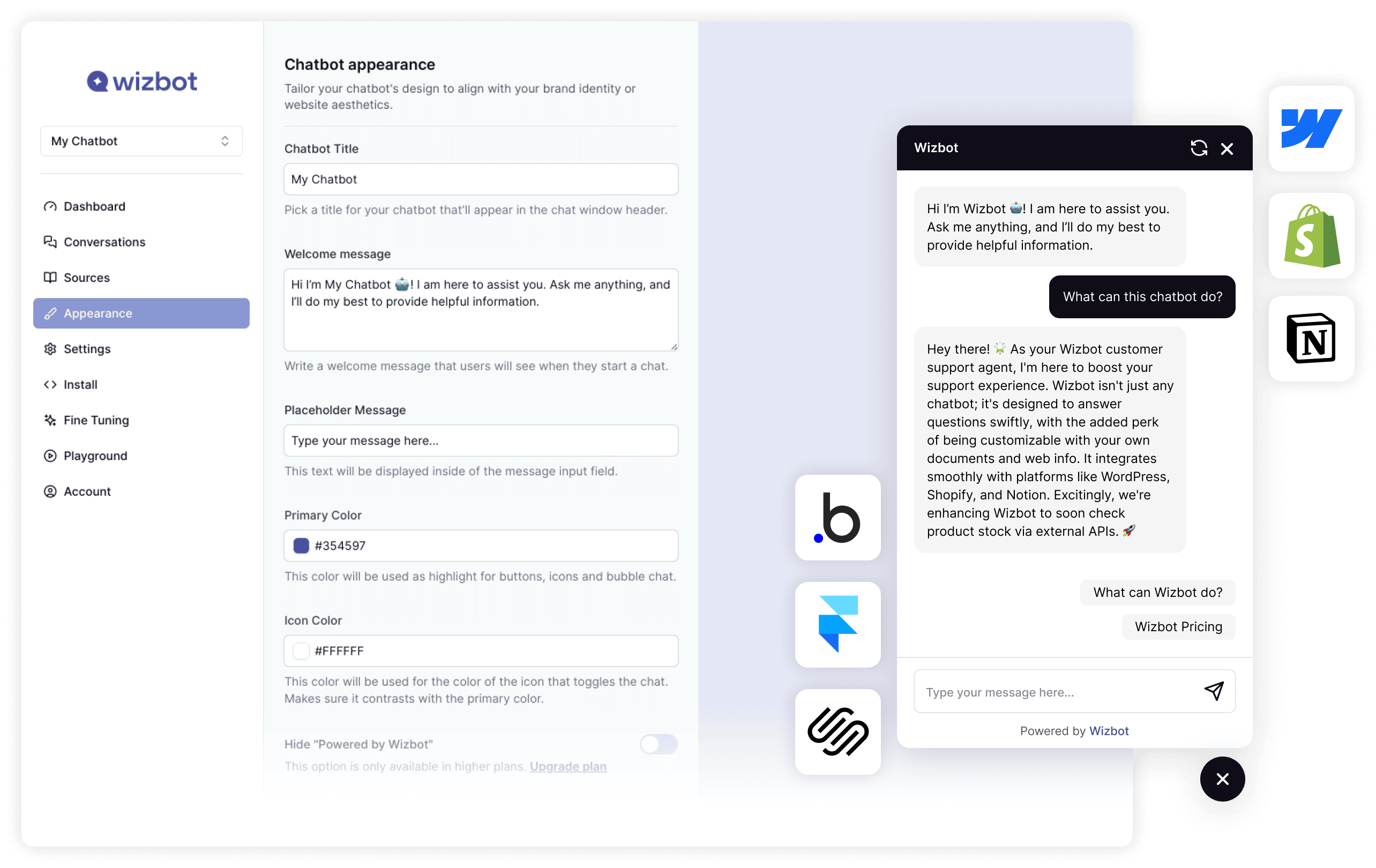 Mockup of chatbot builder interface with a live ChatGPT chat widget AI assistant